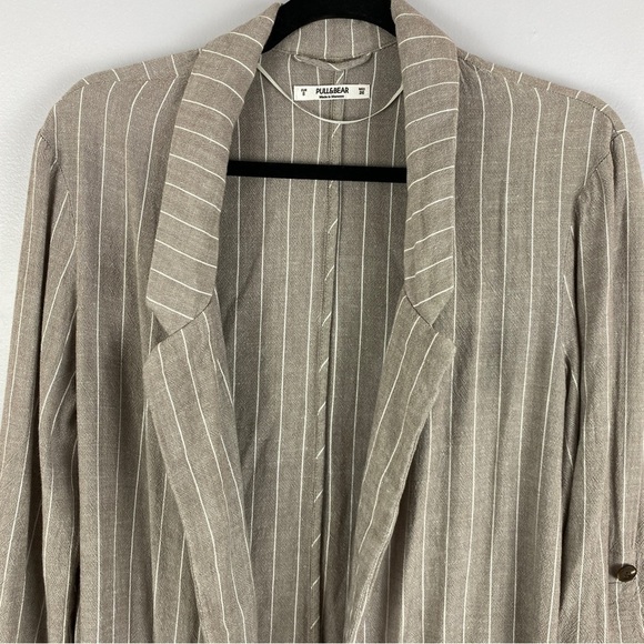 PULL & Bear Tan Striped Linen Viscose Blend Open Blazer Small - Picture 3 of 10